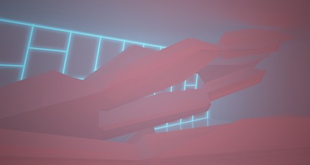Abstract architectural white interior of a minimalist house with color gradient neon lighting. 3D illustration and rendering.
