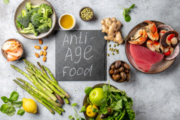 Anti Aging food concept. Clean eating, top view