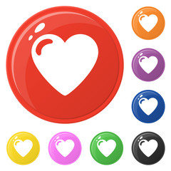 Heart icons set 8 colors isolated on white. Collection of glossy round colorful buttons. Vector illustration for any design.