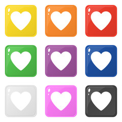 Heart icons set 9 colors isolated on white. Collection of glossy square colorful buttons. Vector illustration for any design.