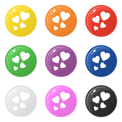 Heart icons set 9 colors isolated on white. Collection of glossy round colorful buttons. Vector illustration for any design.