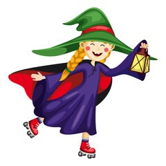 roller skate. a little girl in a witch costume skating. a big hat on her head and a lantern in her hand. can be used as a postcard