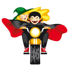 Halloween party. cute vampire and witch riding a bike. greeting card. invitation card, banner