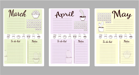 Monthly sheets of business plans and habits list to do, in the spring months of March, April, May.