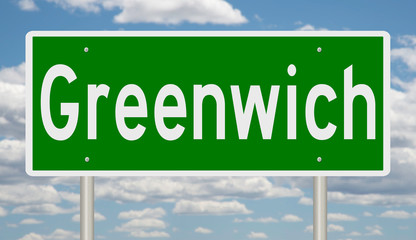Rendering of a green road sign for Greenwich