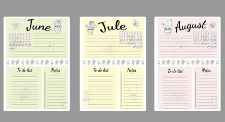 Fototapeta premium Monthly sheets of business plans and a list of common activities in the summer months of June, July, August.