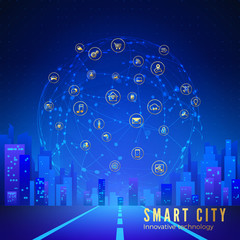 Silhouette of futuristic city on background of large cloud with smart city icons. Internet of things concept. Vector illustration