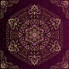 Vintage background mandala card with golden lace ornaments and art deco floral decorative elements