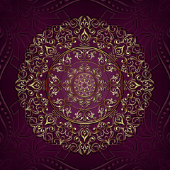 Vintage background mandala card with golden lace ornaments and art deco floral decorative elements