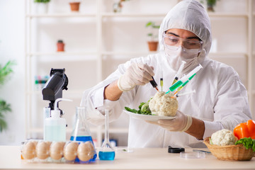 Scientist working in lab on GMO fruits and vegetables
