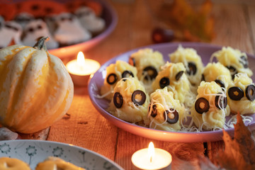 Halloween decorated food - smashed potatoes ghosts