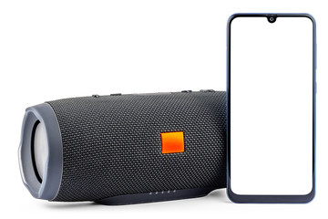 Smartphone with Wireless Speaker Isolated on White Background. Black-Blue Smartphone with Empty...