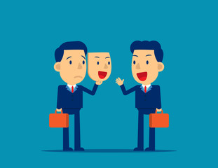 Person holding happy mask. Concept business colleagues vector illustration, Flat cartoon style design, Unhappy