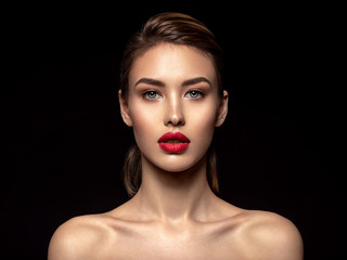 Beautiful  fashion woman with red lipstick. Pretty model.