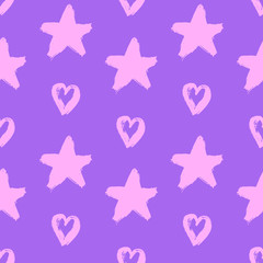 Hand drawn stars and hearts seamless pattern. Grunge ink painted wallpaper. Vector brush strokes shapes. Pink design elements on purple background.	