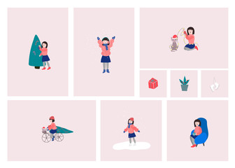 Merry Christmas tree girl winter season postcard