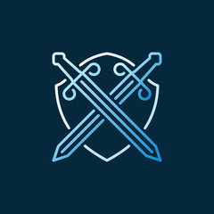 Crossed Swords and Shield vector concept colored linear icon or logo on dark background