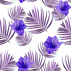 Palm leaf. Seamless pattern summer tropic hibiscus