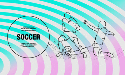 Soccer player hits the ball in the tackle. Vector outline of soccer player sport illustration.