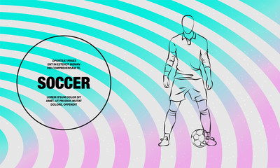 Soccer player stands near the ball and prepare for a kick. Vector outline of soccer player sport illustration.