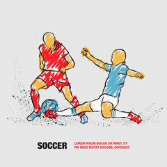 Fototapeta na wymiar Soccer player hits the ball in the tackle. Vector outline of Soccer players with scribble doodles.