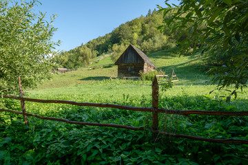 Fototapeta na wymiar Beautiful peasant house on the field with grass and wooden fence