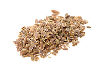 Pile of dill seeds on white background
