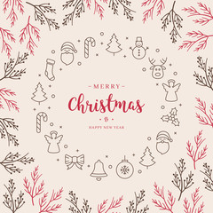Fototapeta na wymiar Christmas ornaments circle branch greetings background card