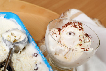 ice cream in glass bowl