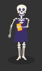 Day of Dead, skeleton in dress holding book, Mexican holiday