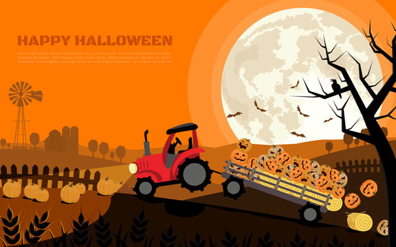 The tractor carrying smiley halloween pumpkins in trailer with background of farm and full moon. Flat cartoon vector illustration.