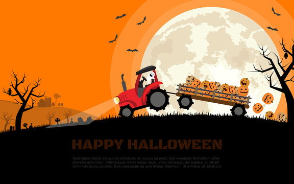 The tractor carrying smiley halloween pumpkins in trailer with background of graveyard, farm and full moon. Flat cartoon vector illustration.
