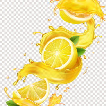 Lemons in yellow juice splash realistic illustration