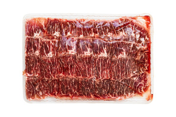 frozen sliced raw beef  thinly isolated on white background