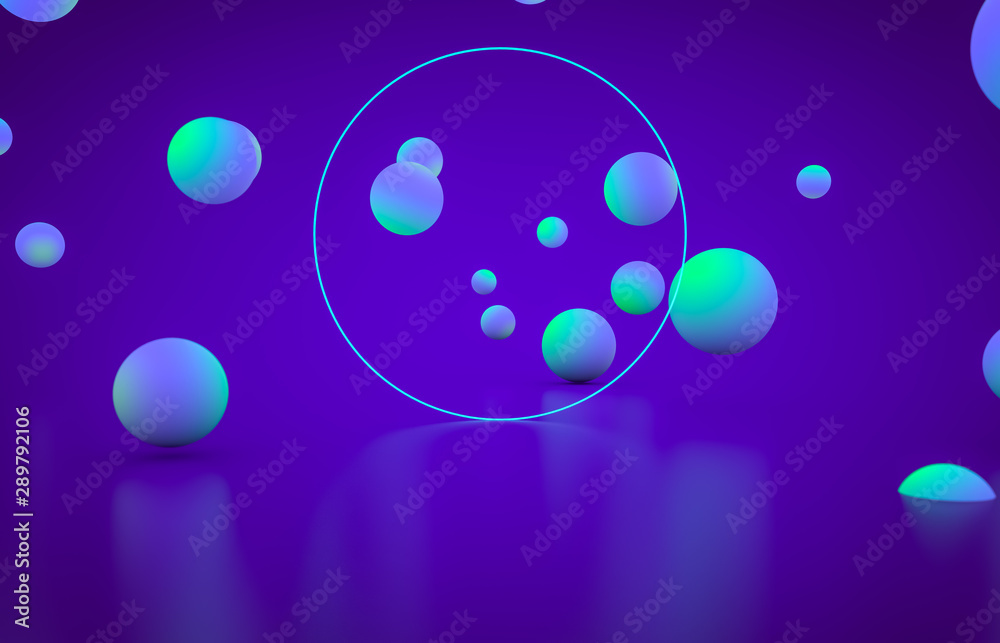 Poster Futuristic geometric shape empty stage with glowing neon color. Abstract 3d render background.