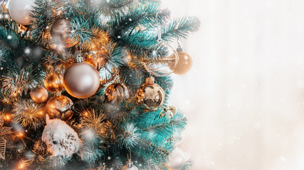 Fototapeta na wymiar Teal orange Christmas background with decorated tree toys. Celebrate on the Christmas tree with colorful balloons decorations.