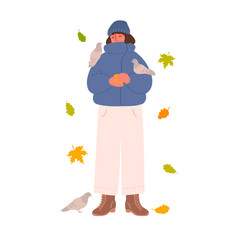 Young brunette girl in a jacket and hat feeds pigeons. Autumn leaves. Character isolated on a white background. Vector illustration in hand drawn style