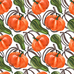 Seamless festive pattern or background with pumpkins of different colors - orange, green, curly from twigs. Elements are painted by hand in watercolor, for textiles, paper, Halloween decorations.