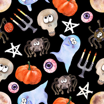 Funny and scary halloween seamless pattern with cartoon skulls, pumpkins, ghosts, candles,spiders,pentagrams.All elements are painted with watercolors by hand,for design fabric, paper, holiday decor