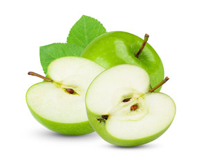  Fresh Green Apple with leaf Isolated on white background with water drop in Full Depth of Field