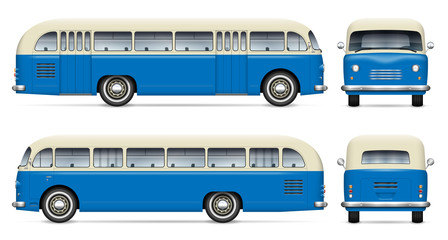 Retro bus vector mockup on white background view from side, front, back. All elements in the groups on separate layers for easy editing and recolor © Yuri Schmidt
