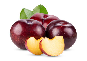 red cherry plum with green leaves isolated on white background. full depth of field