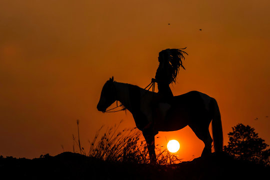 Image is silhouette. young beautiful woman, beauty, ethnic tribal make-up, drawings on face, red lips, earrings, bohemian hippie style and horse..