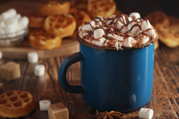 A mug with hot chocolate with marshmallow