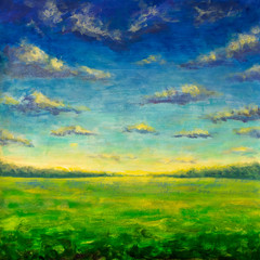 Obraz na płótnie Canvas Beautiful clouds in the sky - relaxing landscape. Oil painting on canvas.