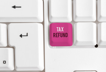 Conceptual hand writing showing Tax Refund. Concept meaning refund on tax when the tax liability is less than the tax paid White pc keyboard with note paper above the white background