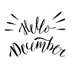 Hello December. The inscription on the t-shirts, card, poster, notebook. Lettering on a white background. Calligraphy.