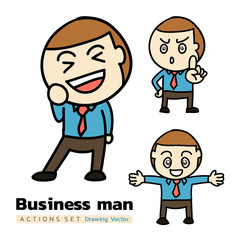 Business man in 3 actions of Happy set as Satisfy, deny and welcom. Drawing vector for business or graphic design.
