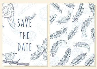Save the date. Card with birds and feathers. Feather Background