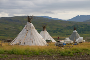 Camp of nomad reindeer herders on a cloudy August morning. Yamal, Russia